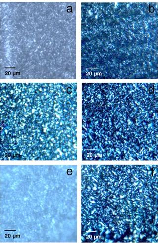 Fig. 1. POM micrographs of PLLA (a, c and e) and PDLLA (b, d and f) after different crystallization procedures