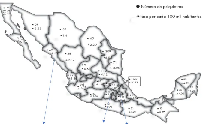 Figure 2. Répartition des psychiatres au Mexique. 