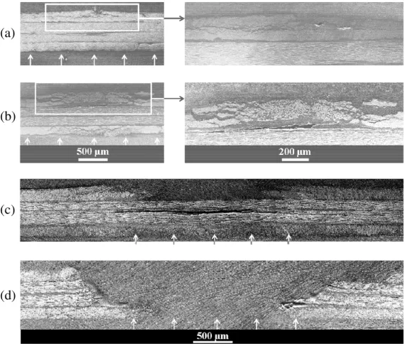 Fig. 8. Microscopies en vue de coupe de composites 4 plis soumis à un choc d’intensité croissante : (a) 107 GW.cm −2 (Tir 1), (b) 1340 GW.cm −2 (Tir 2), (c) 2279 GW.cm −2 (Tir 4), (d) 7082 GW.cm −2 (Tir 5)