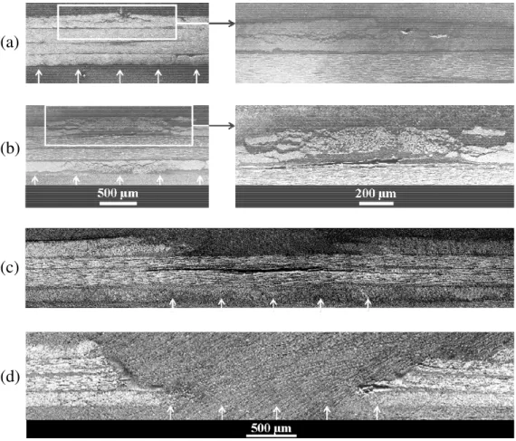 Fig. 8. Microscopies en vue de coupe de composites 4 plis soumis à un choc d’intensité croissante : (a) 107 GW.cm −2 (Tir 1), (b) 1340 GW.cm −2 (Tir 2), (c) 2279 GW.cm −2 (Tir 4), (d) 7082 GW.cm −2 (Tir 5)