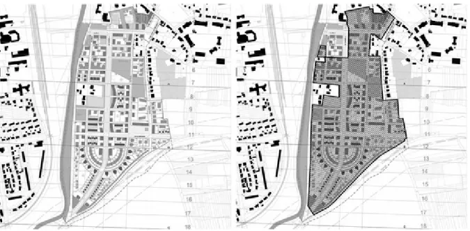 Illustration 9: Plan de masse de Balmora. À gauche le quartier tel qu’il est prévu, à droite ce qui   est   effectivement   construit   au   moment   de   commencer   notre   recherche   (Source : saremm.com ; modifications personnelles).