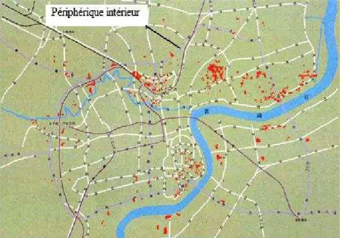 Figure 4： ： ：Distribution des « Penghuqu » dans la zone urbaine de Shanghai en 2002  ：