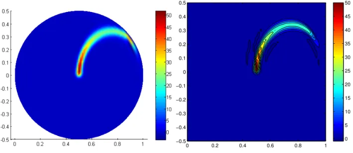 Figure 12. Long-time cluster distribution (left) and contour levels (right), Ψ(t → ∞ , a), for D = 0.1