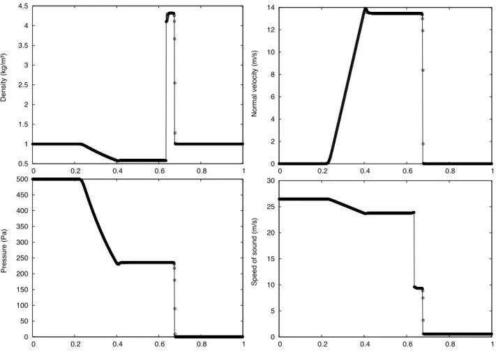 Fig. 7. Gas–gas shock tube with high pressure ratio and different constitutive laws (TC2).