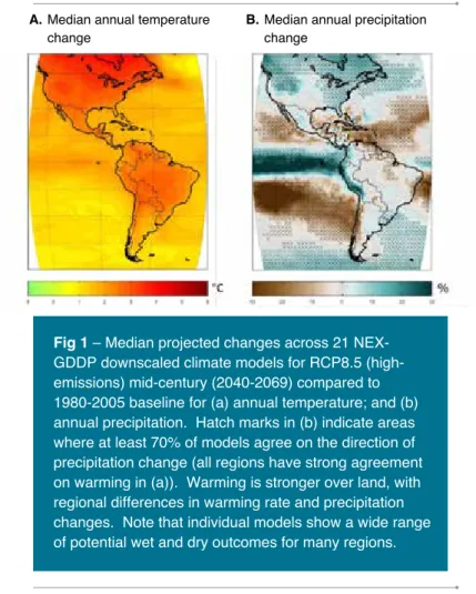 Fig 1 – Median projected changes across 21 NEX- NEX-GDDP downscaled climate models for RCP8.5  (high-emissions) mid-century (2040-2069) compared to  1980-2005 baseline for (a) annual temperature; and (b)  annual precipitation
