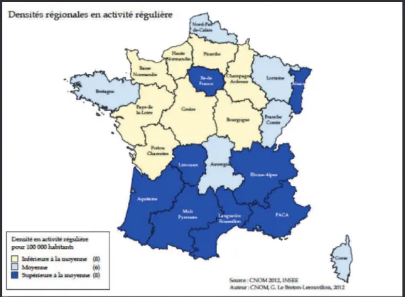 Figure 5: Carte des densités régionales en activité régulières
