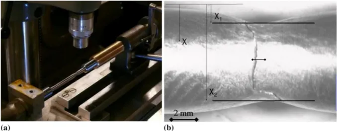 Fig. 4 Measurement of the cross-section area after fracture: (a) experimental setup and (b) optical micrograph of a reconstituted specimen