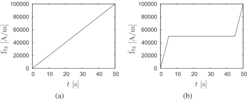 Fig. 3. (a) Linear and (b) stepwise evolution with time of macroscopic magnetic ﬁeldin the 3 direction.