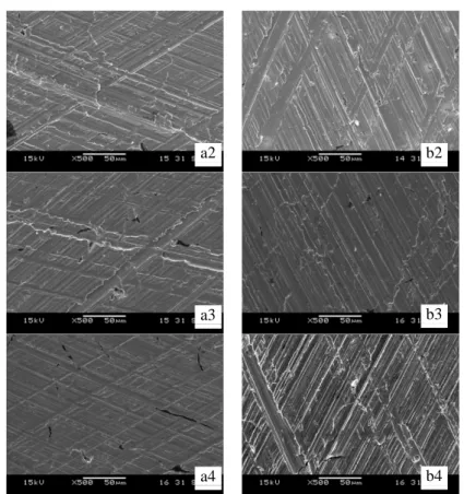 Figure 6 SEM photographs of unworn (a) PH and HSH (b) surfaces honed with a final honing test of (1) 0, (2) 5,  (3) 10 and (4) 18 strokes