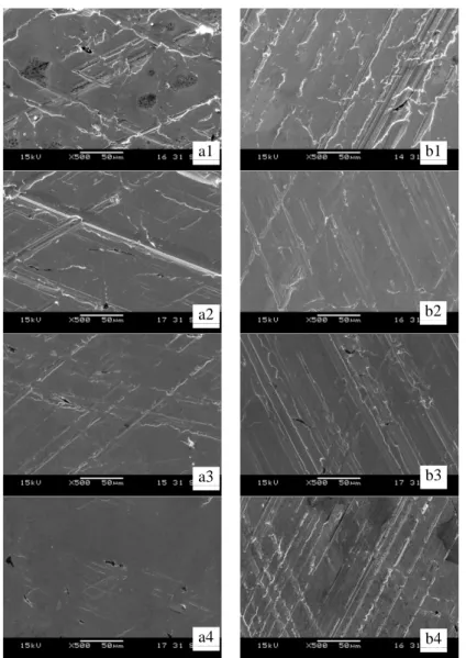 Figure 7 SEM photographs of worn (a) PH and HSH (b) surfaces after 120 min wear test and with a final honing  test of (1) 0, (2) 5, (3) 10 and (4) 18 strokes