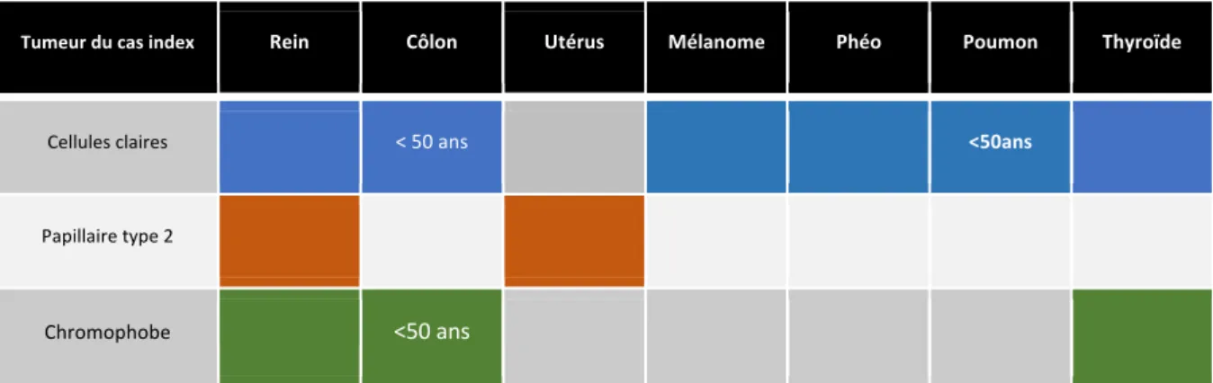 Tableau  1  :  Spectre  des  cancers  associés  aux  syndromes  de  prédisposition  héréditaires  au  cancer du rein en fonction de l'histologie du cas index