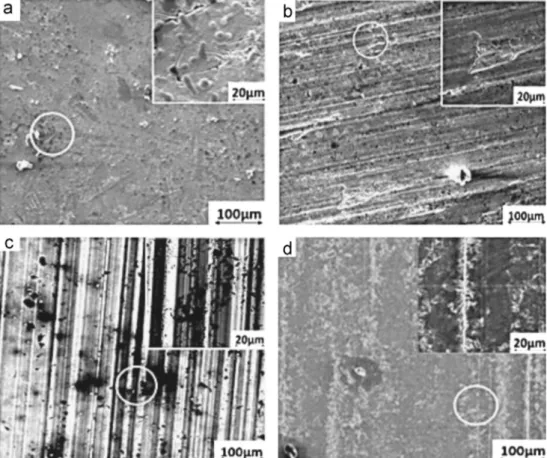 Fig. 10. SEM micrographs of worn surface of S 2 at: (a) 10 N 15 mm/s, (b) 10 N 30 mm/s, (c) 12 N 15 mm/s, (d) 12 N 30 mm/s.