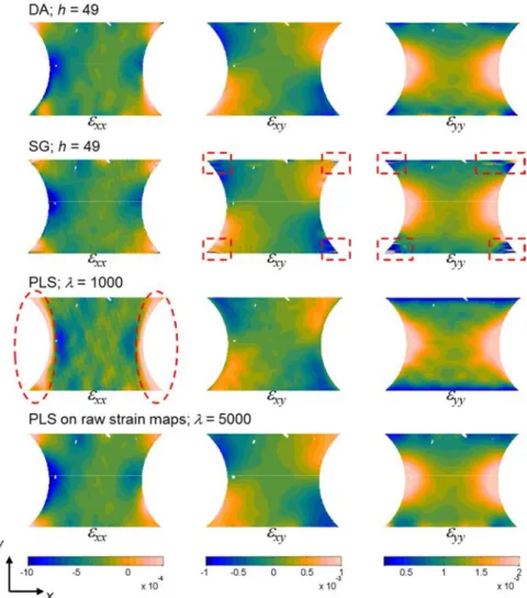 Fig. 5 : Experimental in-plane strain maps obtained on the double-notched tensile sample by applying  different smoothing procedures (size of the region of interest: 16 x 23 mm 2 )