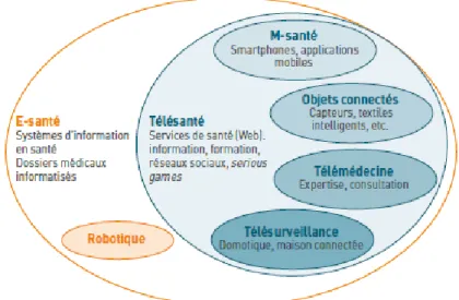 Figure 4. Ensemble des technologies faisant partie de la e-santé d’après X. De la Tribonnière,  2018 (65) 