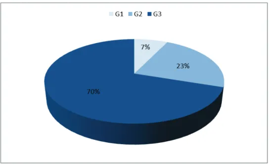 Figure 12 : Répartition des tumeurs étudiées dans la cohorte I à la recherche des mutations  de FGFR3,  selon le grade cellulaire