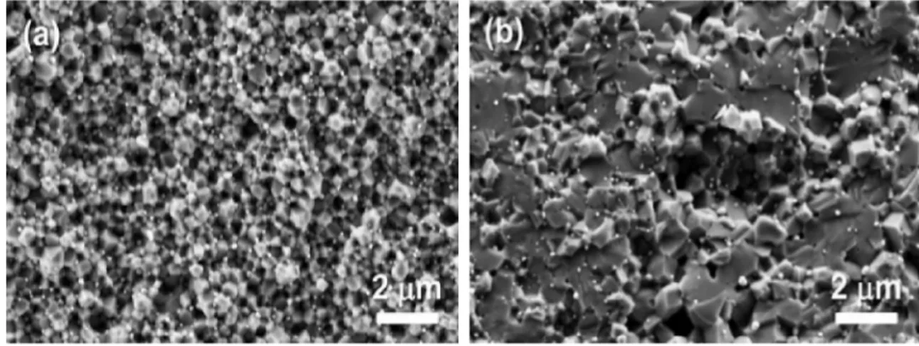 Figure 1: surfaces SEM micrographs corresponding to HIPed Alumina, sintered at: a) 1250 °C and b)  1350°C