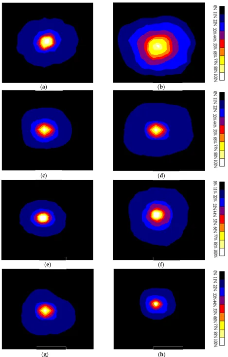 Figure 3. Processed backscattering images. (a,b) Granny Smith with and without skin at 633 nm;  