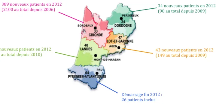 Figure 8 : Répartition géographique des enfants inclus dans le RéPPOP Aquitaine sur la  région depuis sa création et en 2012, (situation au 30/09/2013, RéPPOP Aquitaine) 