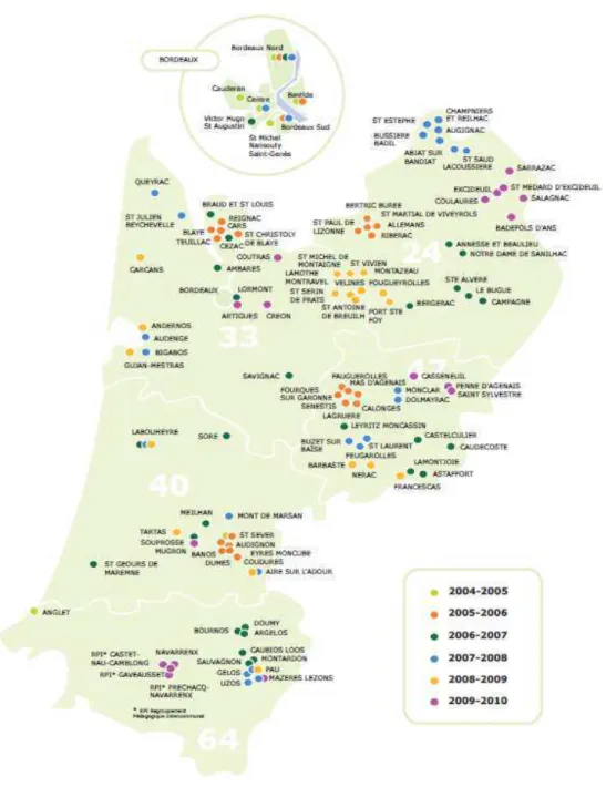 Figure 12 : Carte des actions de l’IRESP sur différentes villes d’Aquitaine de 2004-2010  (www.nutritionenfantaquitaine.fr)   