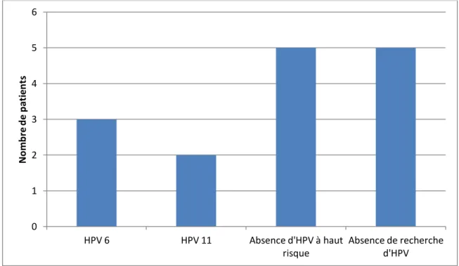 Figure 12 :  Type d’HPV.0 1 2 3 4 5 6 HPV 6  HPV 11  Absence d'HPV à haut risque  Absence de recherche d'HPV Nombre de patients