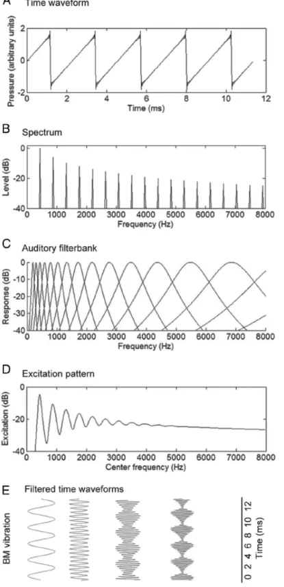 Figure  3.  Représentations  d’un  son  complexe  harmonique  (de  f0  égale  à  440  Hz  et  composé  des  18  premières  harmoniques)  et  de  son  traitement  par  le  système  auditif  périphérique