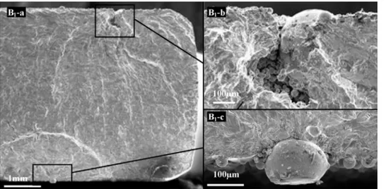 Fig. 16. B3-a and B3-b: SEM images of fracture surfaces showing the crack initiation located at a surface particle; B3-c and B3-d: Surface scan at diﬀerent scale of the as-built specimen showing the critical particle at the origin of the failure initiation