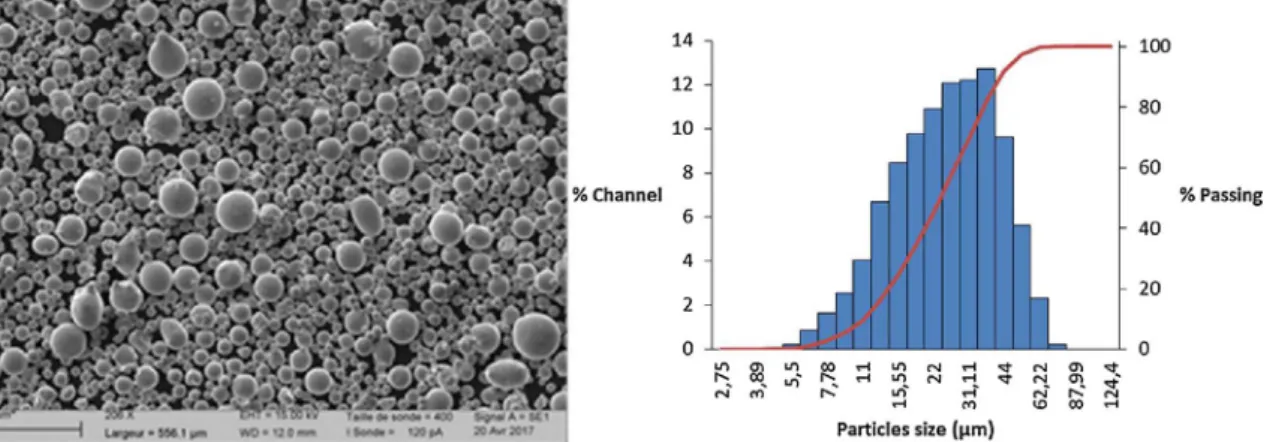 Fig. 1. (a) SEM analysis of powder particles, (b) Inconel 625 Grain distribution.