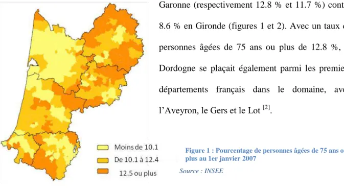 Figure 1 : Pourcentage de personnes âgées de 75 ans ou  plus au 1er janvier 2007 