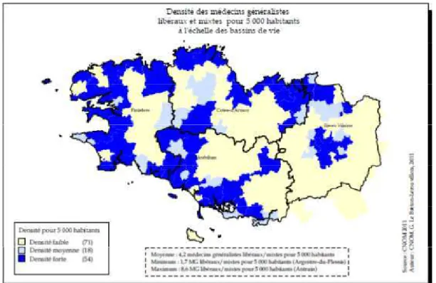 Figure 13 : Densité des médecins généralistes libéraux et mixtes pour 5000 habitants à l’échelle des bassins de vie (49) 