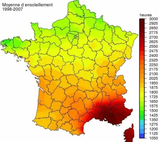 Figure 2 : Carte des moyennes d’ensoleillement en France entre 1998 et 2007 (CarteFrance.fr) 