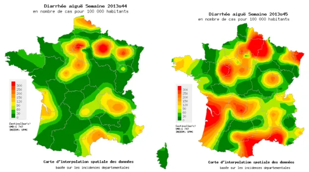 Figure 1 : Taux d’incidence des cas de diarrhée aiguë vus en consultation de médecine  générale en France lors de l’épidémie 2013-2014 : 