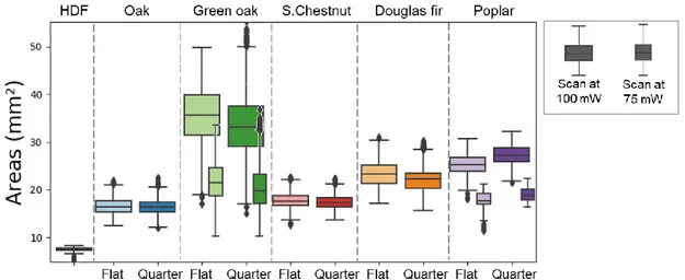 Figure 3: boxplots (horizontal lines represent median, first and third percentile, range, black dots are outliers)   of light spot areas sorted by species and orthotropic plane