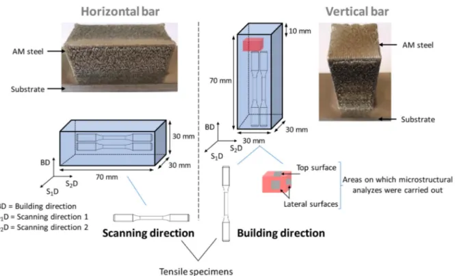 Fig. 1. Schematic of the horizontally and vertically built parts showing the positions from which tensile specimens were extracted and the areas on which microstructural analyzes were performed.