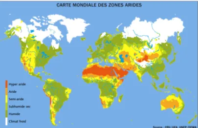 Figure 1-1:illustre la carte mondiale des zones arides   CRU/UEA, UNEP/BEWA 