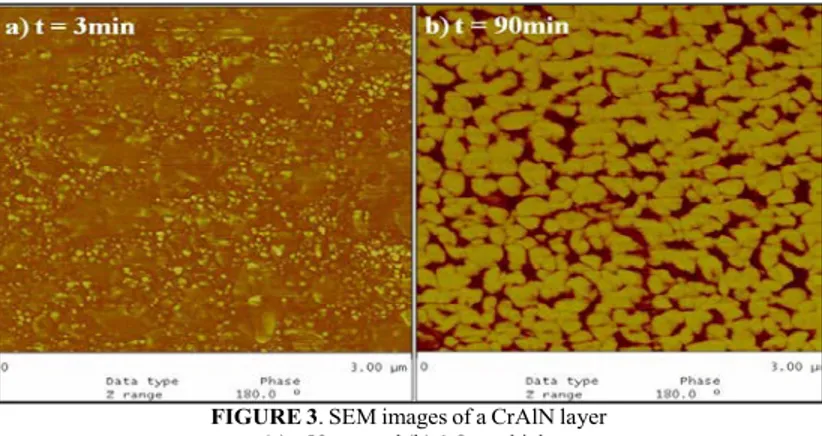 FIGURE 3. SEM images of a CrAlN layer  (a)  50 nm and (b) 1.8µm thick. 