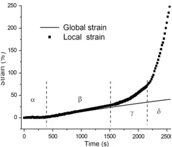 Fig. 11. Cross-section evolution during the tensile loading versus the time. Three stages can be seen on these curves, denoted a , b, c corresponding respectively to elastic, elastoplastic and elastoplastic with necking behaviour