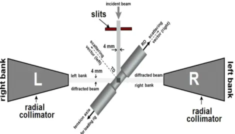 Fig. 2. Aged UR45 N sample broken in tensile test (orientation and position of the neutron gauge volume with respect to the neck is shown)