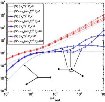 Fig. 8 Predicted complex modulus responses of a non-freely jointed (three-bead)–(two-rod) system with a natural bent configuration (maximal misalignment angle θ max = 30 ◦ ) for different values of the bending rigidity constant K b 