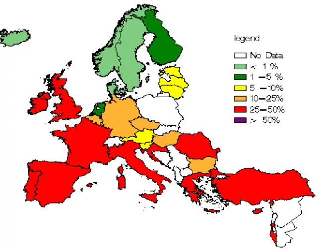 Figure n°1 : S.Aureus : % de SARM dans les bactériémies en Europe en 2007 (EARSS,  réseaux AZAY, REUSSIR, Ile de France) 