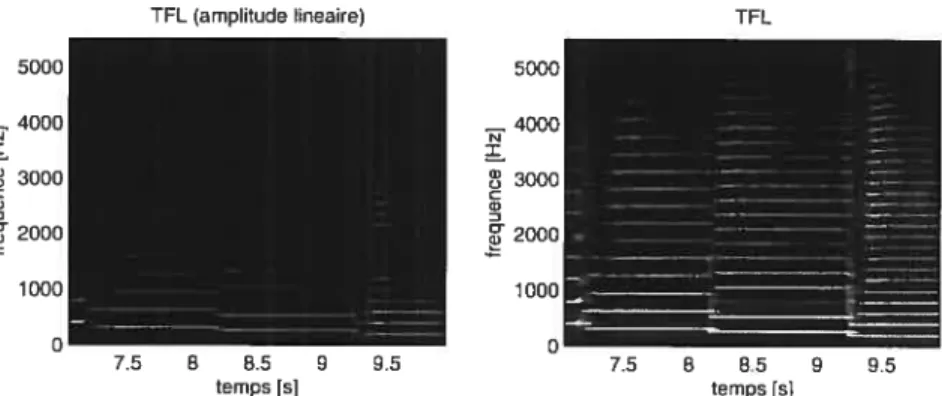 FIG. 2.8 Le plan de magnitude de la TFL d’un enregistrement de saxophone. La largeur de la fenêtre spectrale est de 100 ms et le facteur de chevauchement est de 0.9