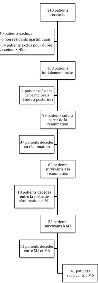 Figure 1: Diagramme de flux  140 patients recensés100 patients  initialement inclus 99 patients suivi à partir de la réanimation62 patients survivants à la réanimation52 patients survivants à M1 41 patients  survivants à M611 patients décédés entre M1 et M