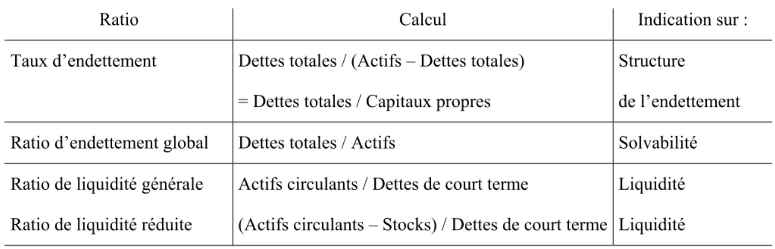 Tableau 5 : Indicateurs de financement ; définition 