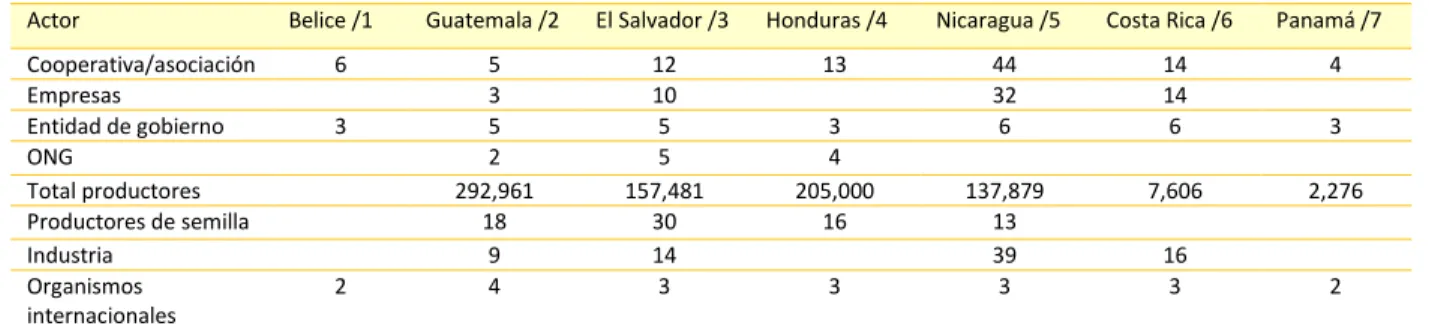 Tabla 7. Actores por tipo de organización en la cadena de frijol de Centroamérica 