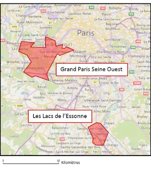 Figure 1 : Localisation des deux sites d’études,  Grand Paris Seine Ouest et les Lacs de l’Essonne