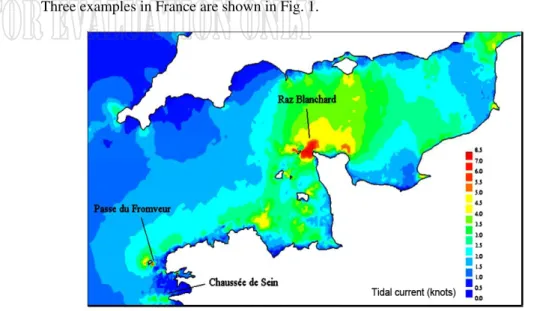 Fig. 1: Raz Blanchard, Fromveur, and Raz de Sein sites in the French western coast  The Raz Blanchard situated in Cap de la Hague, the Raz de Sein and the Fromveur  channel  in  Brittany  experiences  extreme  tidal  currents  which  can  exceed  8  knots 