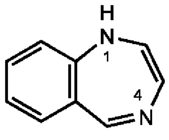 Figure 1 : Le noyau benzodiazépine « d’après Académie nationale de Pharmacie   http://dictionnaire.acadpharm.org/w/index.php?title=Fichier:Groupe_7-Benzodiaz%C3%A9pine_(bzd).png&amp;filetimestamp=20140617105802&amp;  » 
