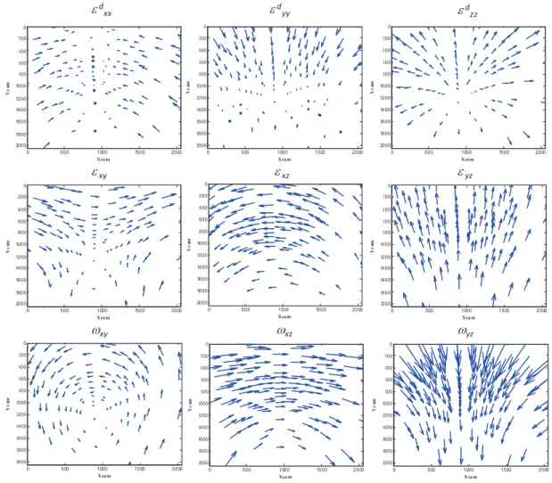 Fig. 4. Theoretical effect of each component of the deviatoric elastic strain tensor and the lattice rotations on the Laue spot displacement field of the Si sample considered during this experiment