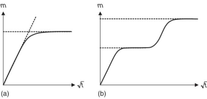 Figure 7. Shape of sorption curves in the case of (a) Fick’s and (b) Langmuir’s diffusion processes.