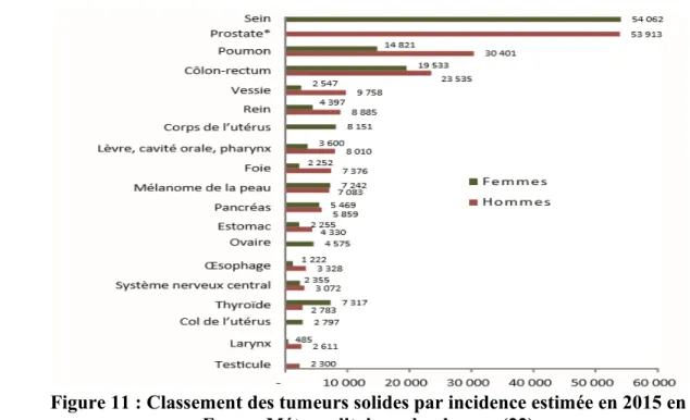 Figure 11 : Classement des tumeurs solides par incidence estimée en 2015 en France Métropolitaine selon le sexe (22)