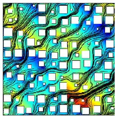 Figure 2 : Streamlines and pressure field of fluid flow in a  strongly disordered porous medium of 75% porosity Figure 3 : 3D weakly disordered porous medium of 75% 